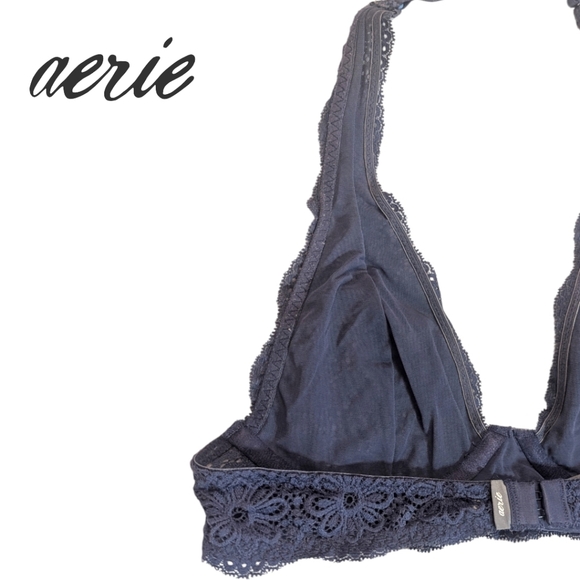NWOT Aerie - 34A Unlined Plunge Halter Bra - Vintage Style Floral Lace Overlay - Picture 4 of 4